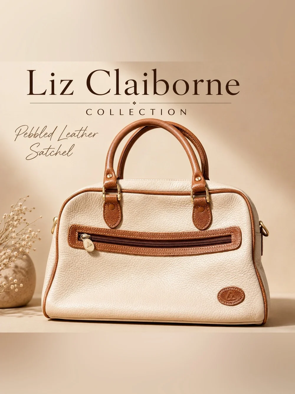 VTG Liz Claiborne Collection Pebbled Leather Satchel Cream Cognac Shoulder Bag